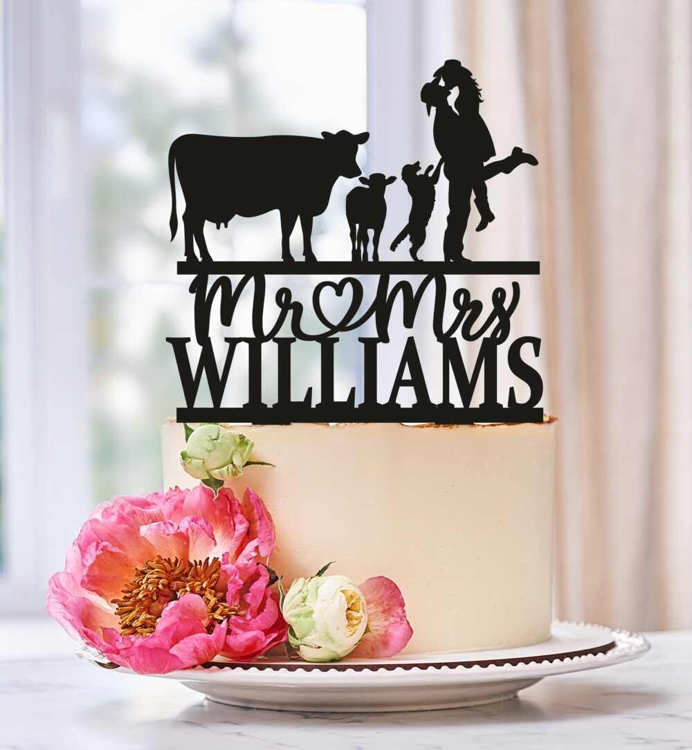 Cow Wedding Cake Topper, Cowboy Wedding Farm Cake Topper, Country Mr & Mrs Cowgirl Topper