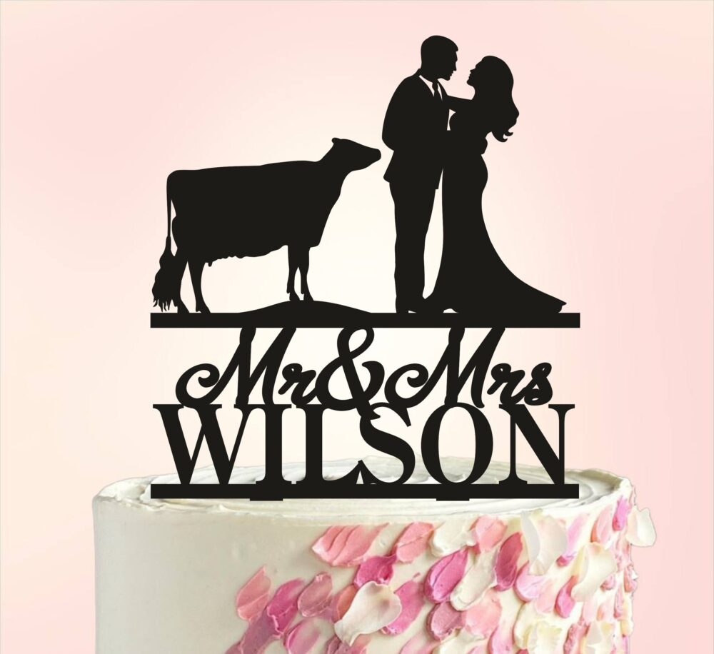 Farmer Wedding Cake Topper, Couple With Cow, Ranch Wedding Country Cake Topper, Rustic Topper S033