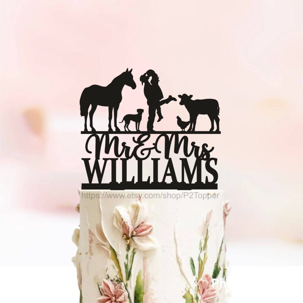 Cowboy Wedding Cake Topper, Horse Wedding Farm Cake Topper, Country Mr & Mrs Cow Topper