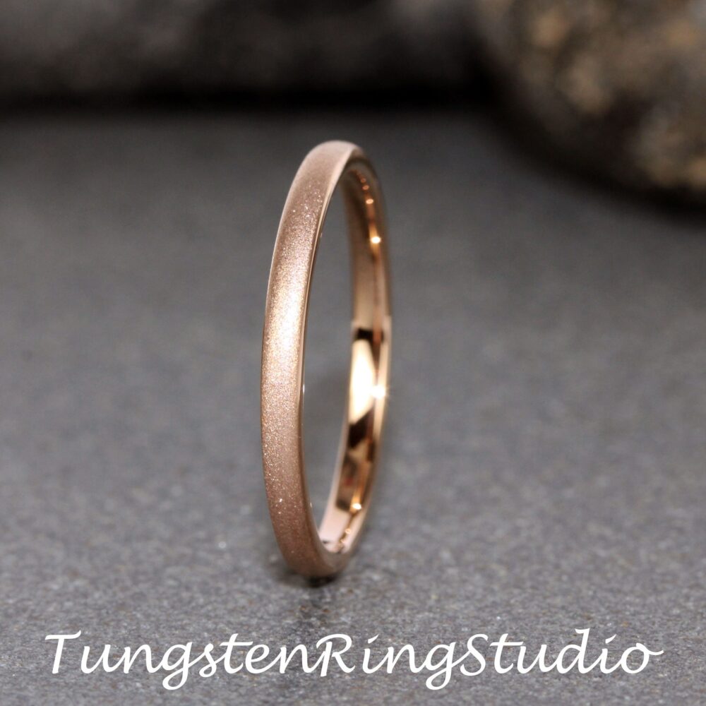 Dainty Rose Gold Sandblasted Tungsten Wedding 2mm 3mm Ring Band Minimalist Anniversary Stackable Ring Women