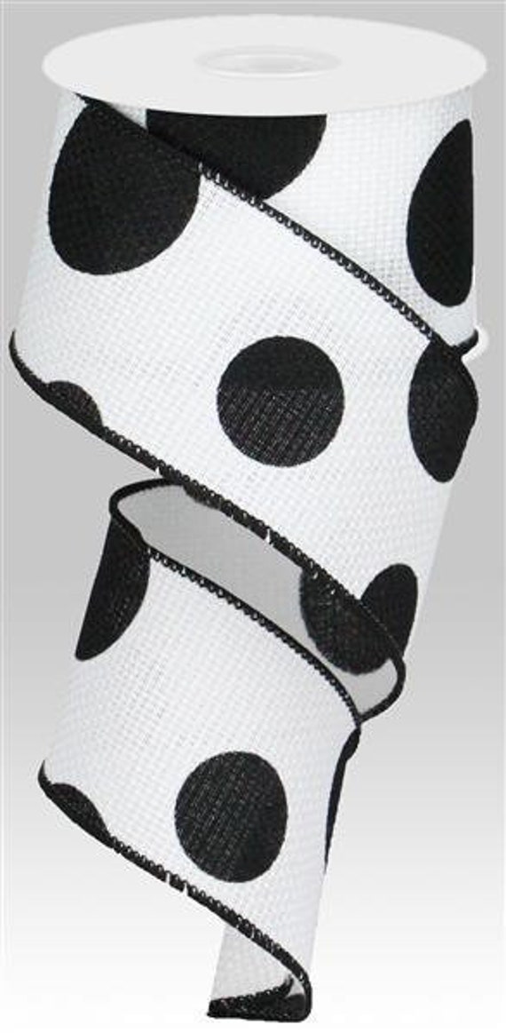 White With Large Black Dots On Wired Cross Royal Burlap Ribbon Finished in A Matching Edge 2.5x10 Yd Rg0186227