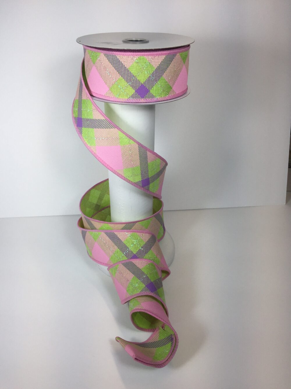Pastel Glittered Diagonal Plaid in Pink, Purple & Cream Wired Royal Burlap Ribbon 1.5" X 10 Yard Roll Edged Pink