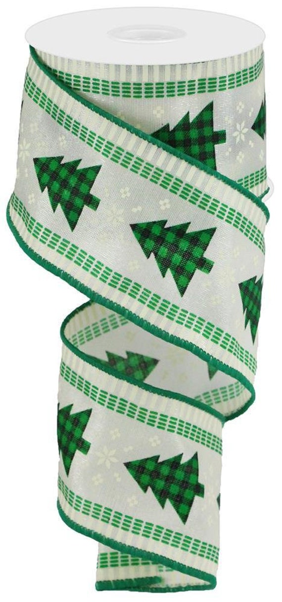 Christmas Buffalo Plaid Appliqued Look Trees On A Tan Background Wired Burlap Ribbon With Green Satin Edge 2.5" X 10 Yard Roll Rgb1200Nf