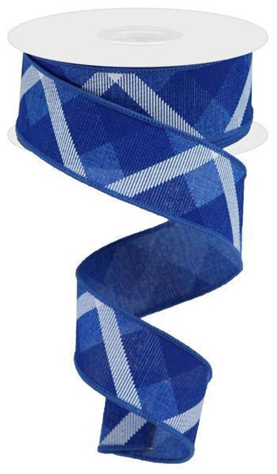 Diagonal Plaid in Navy & Bright Blue With White Wired Royal Burlap Ribbon 1.5" X 10 Yard Roll Edged Lime Green Rg01682Wr