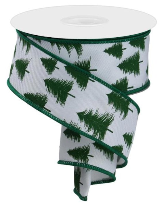Whispy Forest Green Pine Trees On White Wired Royal Burlap Ribbon 1.5" X 10 Yard Roll Edged in Matching Rge135727