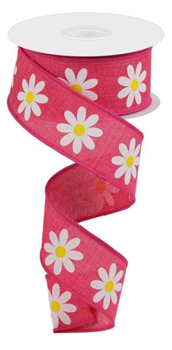 Fuchsia Wired Royal Burlap Ribbon With White Daisies 1.5" X 10 Yard Roll Rgc130811