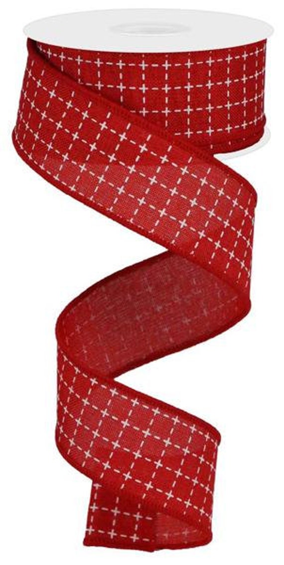 Red & White Raised Stitch Squares Royal Burlap Ribbon 1.5" X 10 Yards Roll Rg0167724