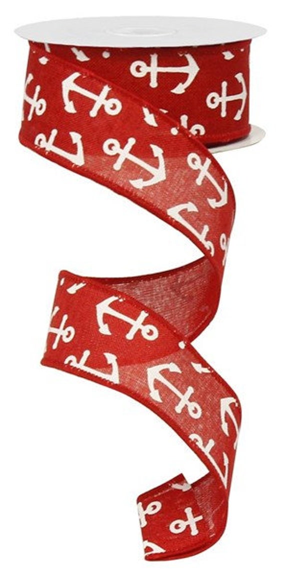 Red With White Anchors On Wired Royal Burlap Ribbon Finished in A Matching Edge 1.5x10 Yd Rg0148824