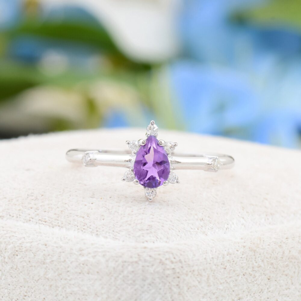 Amethyst Engagement Ring, Anniversary Ring Gift For Women, Solid Gold Handmade Diamond & Wedding Pear Cut Puple Amethsty