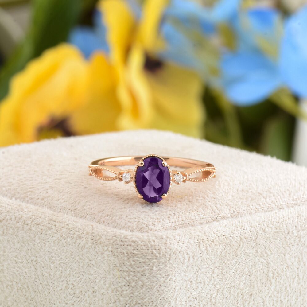 Purple Amethyst Engagement Ring, 14K Rose Gold Oval Shape Wedding Natural Handmade Gift For Her