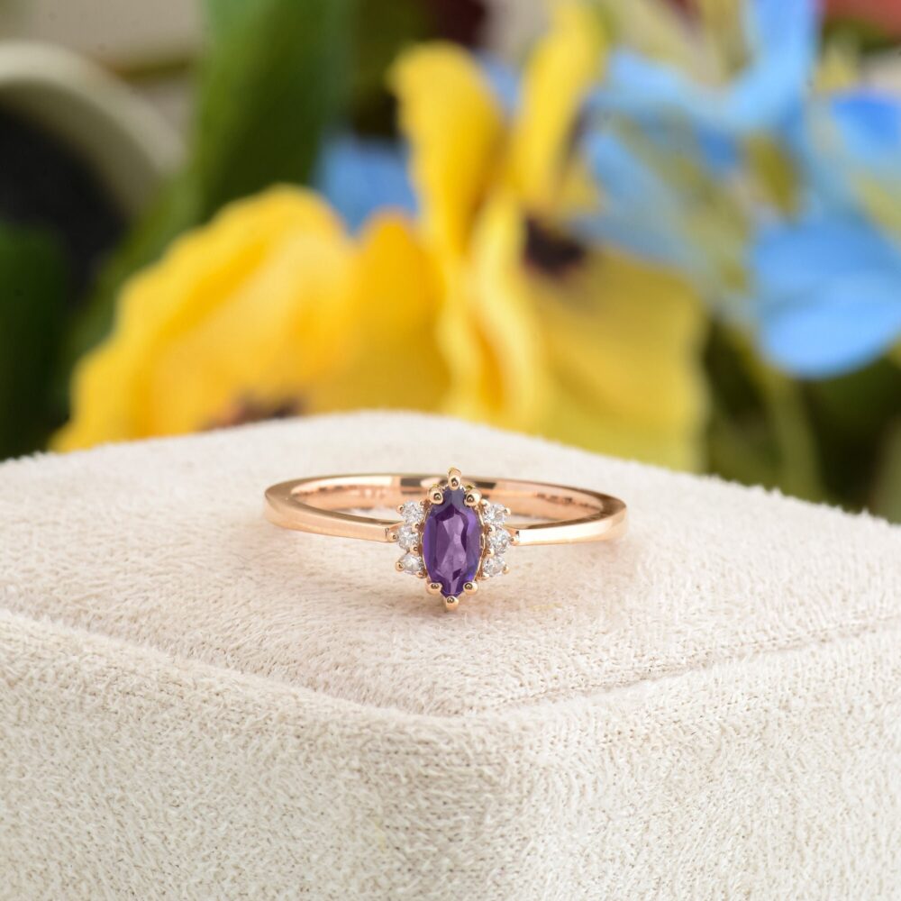 Purple Amethyst Engagement Ring, Solid Gold Marquise Shape Wedding Natural Handmade Gift For Her