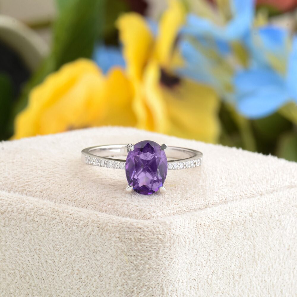 Purple Amethyst Engagement Ring, 14K White Gold Oval Shape Wedding Natural Handmade Gift For Her
