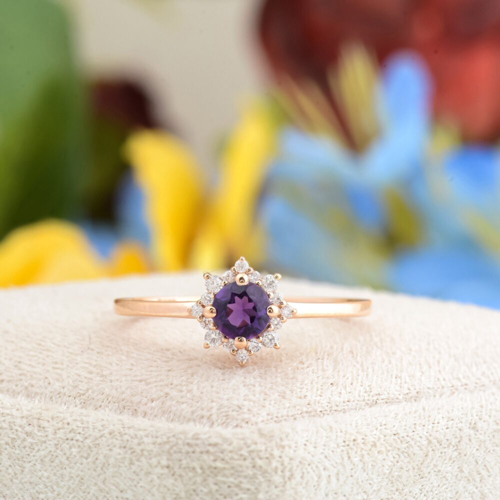 Round Shape Purple Amethyst Engagement Ring, 14K Rose Gold Wedding Natural Handmade Gift For Her