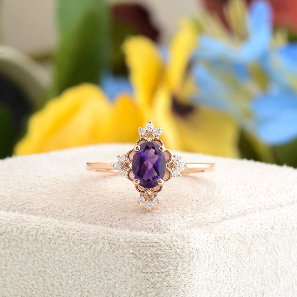Amethyst Engagement Ring, 14K Rose Gold Oval Shape Purple Wedding Natural Handmade Gift For Her