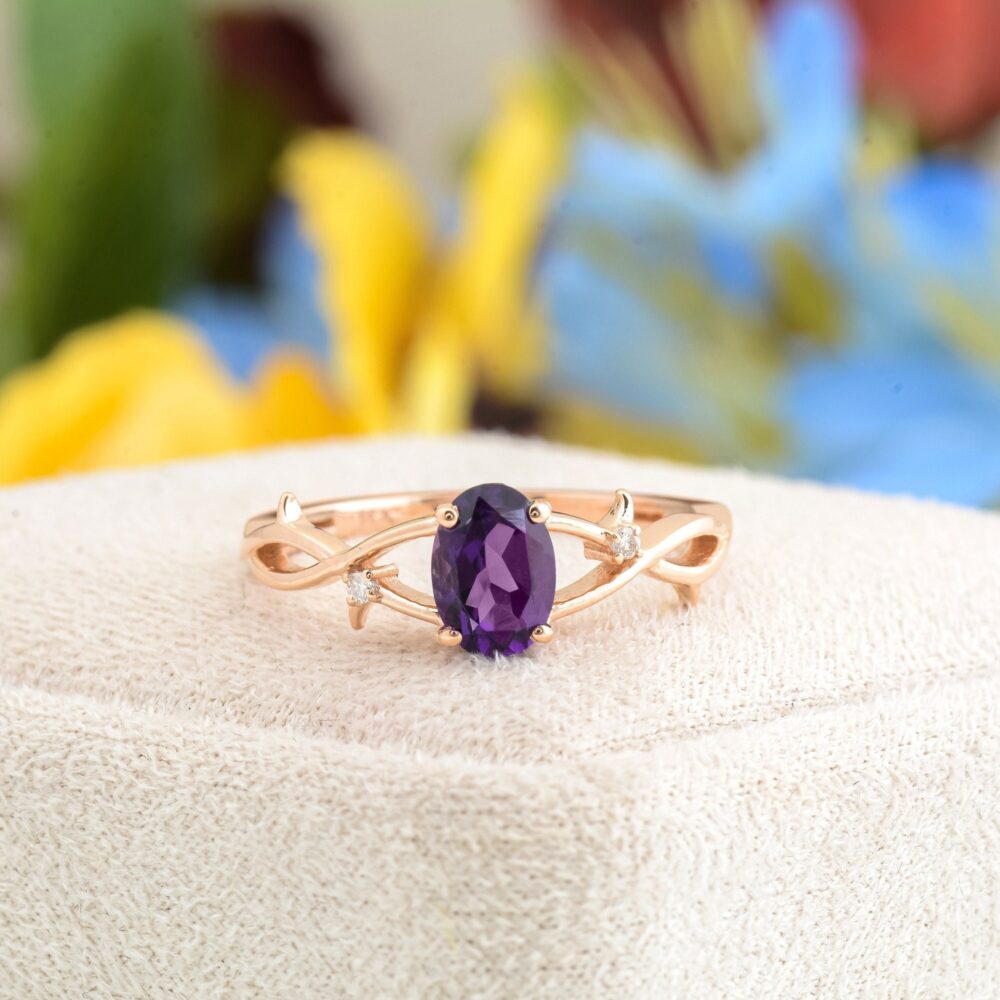Purple Amethyst Engagement Ring, 14K Rose Gold Oval Shape Wedding Natural Handmade Gift For Her