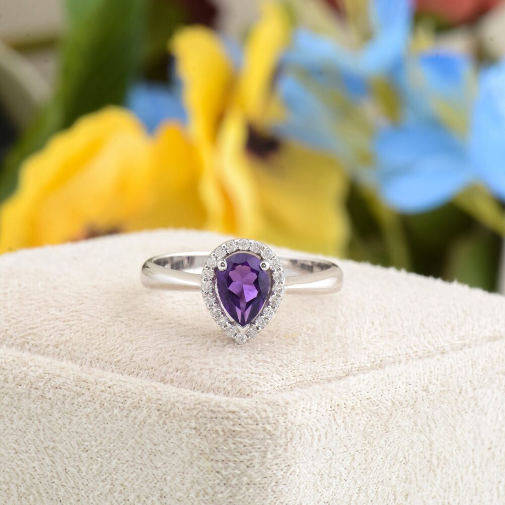 Purple Amethyst Engagement Ring, 14K White Gold Pear Shape Wedding Natural Handmade Gift For Her