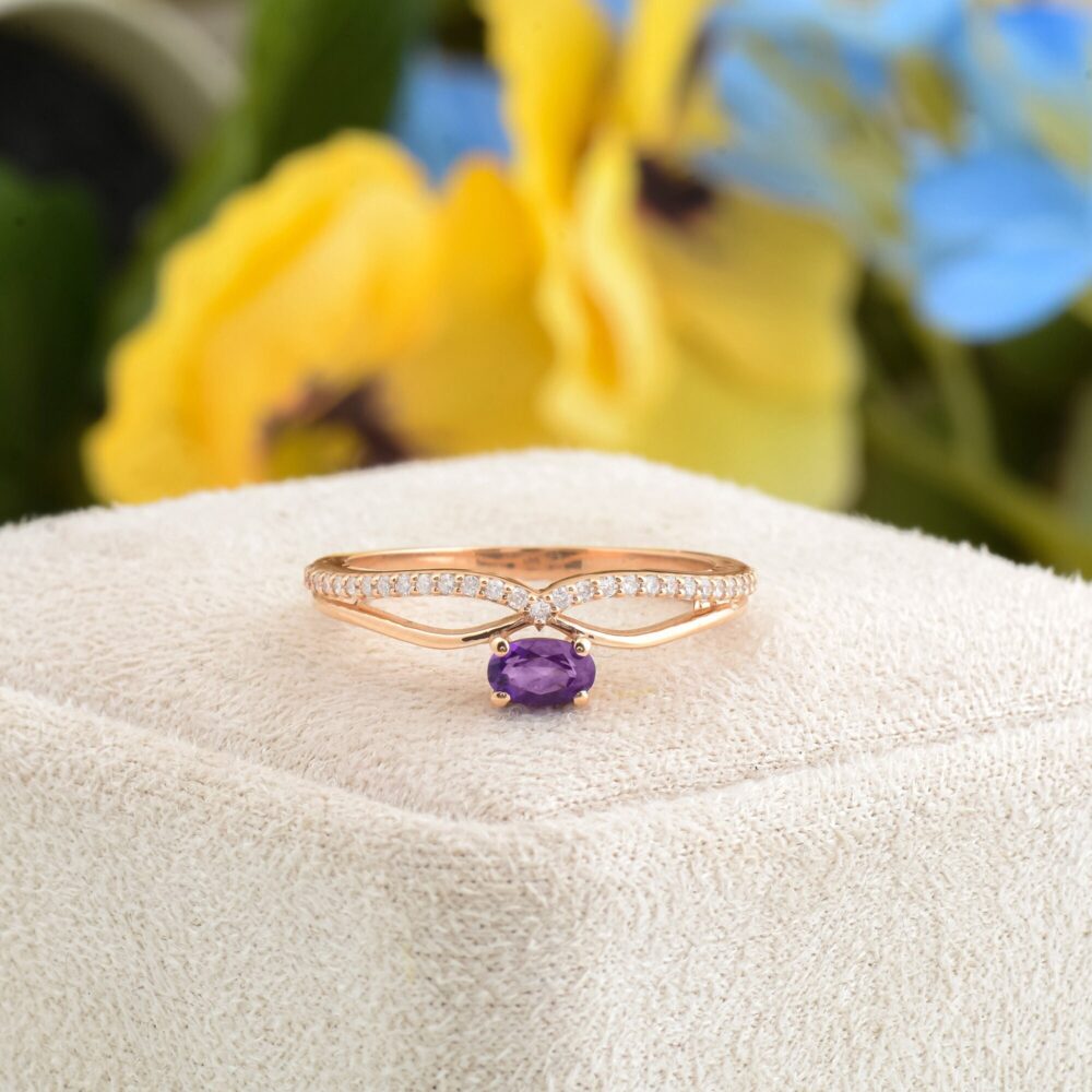 Purple Amethyst Engagement Ring, 14K Rose Gold Oval Shape Wedding Natural Handmade Gift For Her