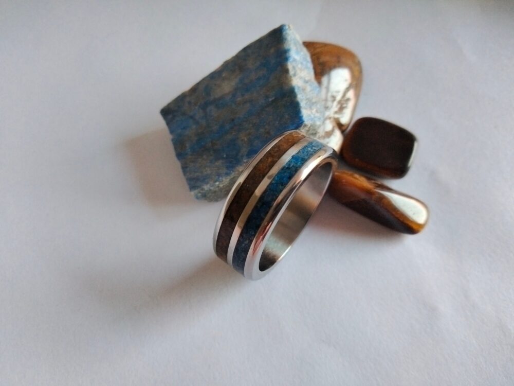 Unique Titanium Wedding Rings For Mens Or Womens, Tiger Eye Stone Ring, Lapis Lazuli Round Band, Hypoallergenic & Stainless