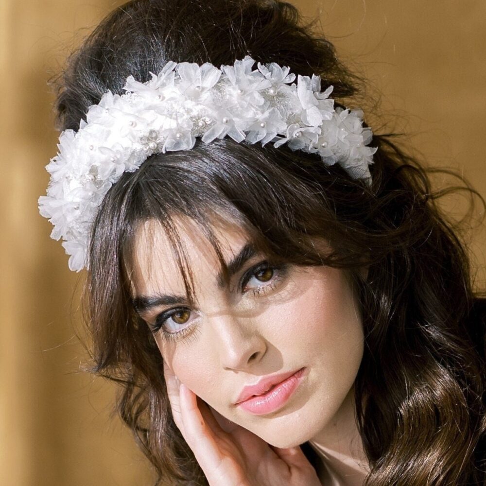 Silk Floral Bridal Headband, Modern Wedding Flower Crown, Statement Boho Lace Headpiece For Bride, Ivory Padded Beaded Hairband, Jasmine