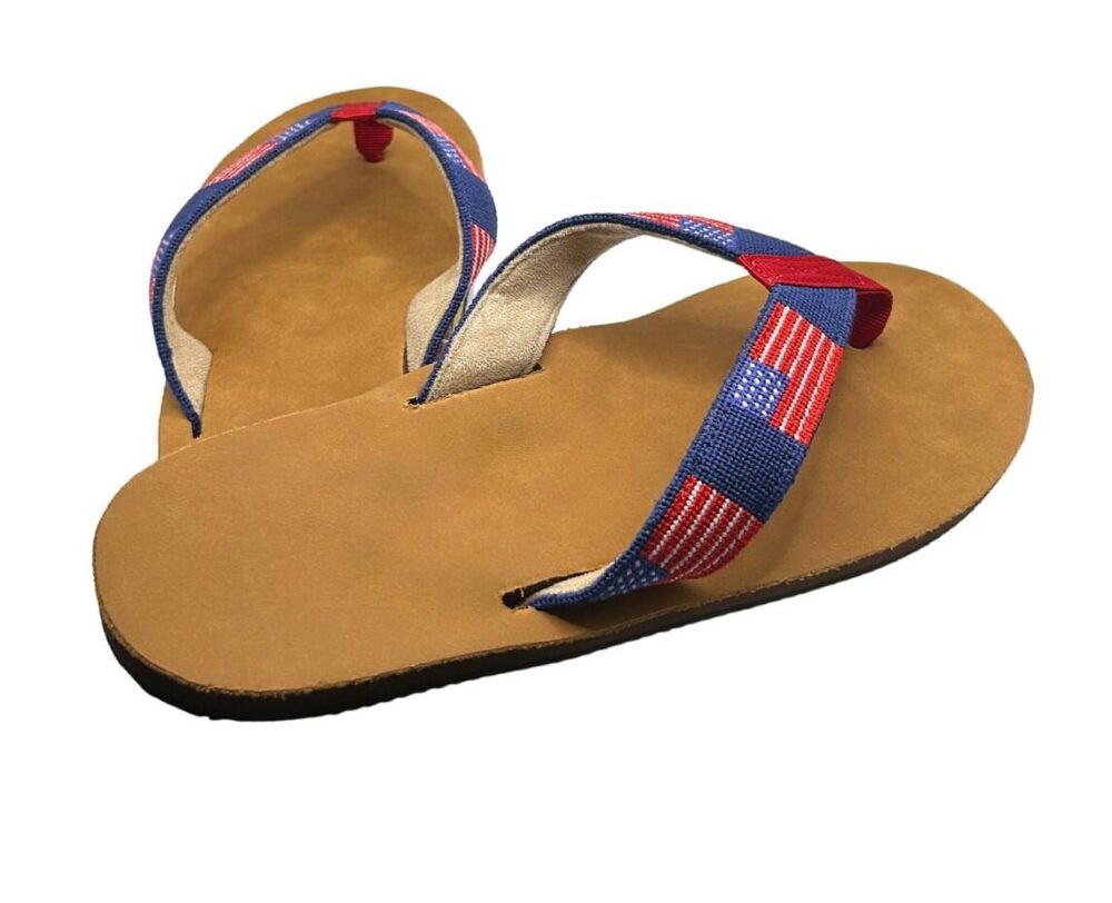 Men's Needlepoint American Flag Flip Flops - Navy Background Patriotic Summer Sandals