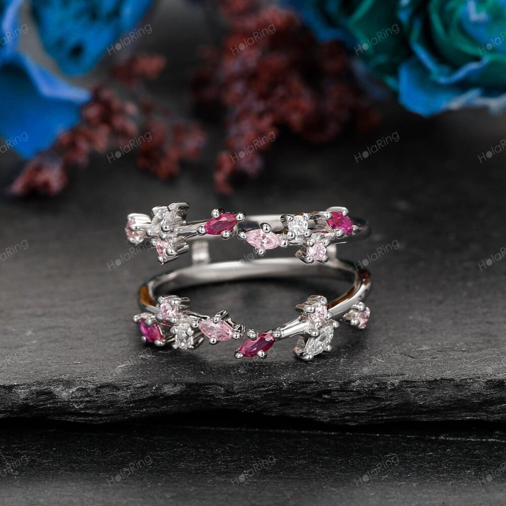 Silver Diamond Ruby Sapphire Cluster Enhancer Ring/ Gold Matching Guard For Any Wedding Ring Set Enhancer/ Adjustable Split Band