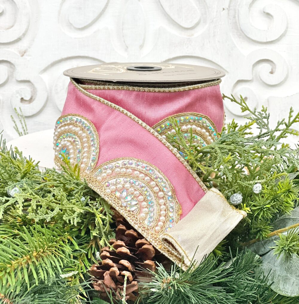 Light Pink Jeweled Ribbon, Pearl Trim Lt Jewel Christmas D Stevens Wedding Decor
