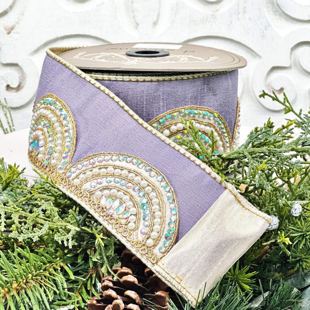Lilac Jeweled Ribbon, Pearl Trim Lilac Easter D Stevens Wedding Decor, Purple Spring Ribbon