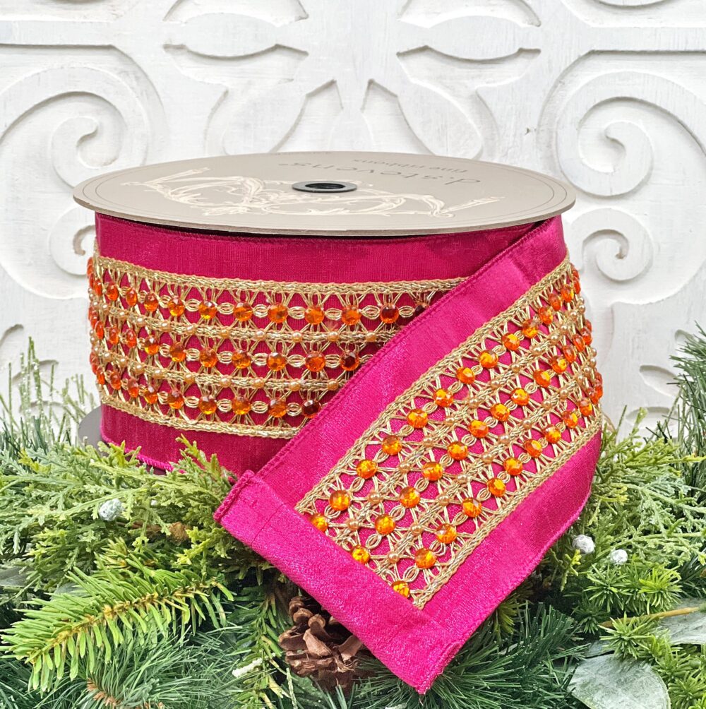 D Stevens Jeweled Ribbon, Hot Pink & Orange 4 Inch Wired Designer Luxury Trim For Holiday Or Event Decor