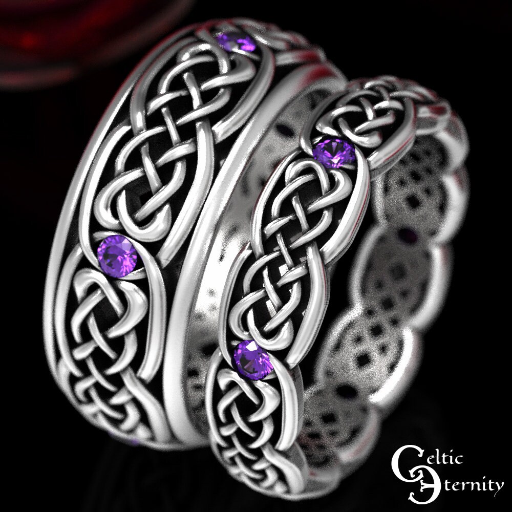 Matching Amethyst Rings, His Hers Wedding Ring Set, Sterling Silver Band Matching, Celtic 1584 1582