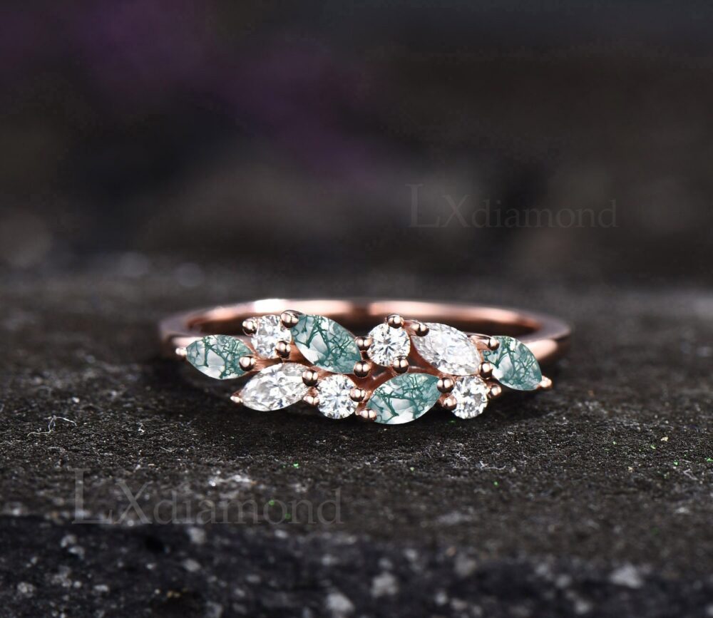 Marquise Cut Moss Agate Wedding Ring Band Moissanite Vintage 14K Rose Gold 925 Sterling Silver Anniversary Women Gift