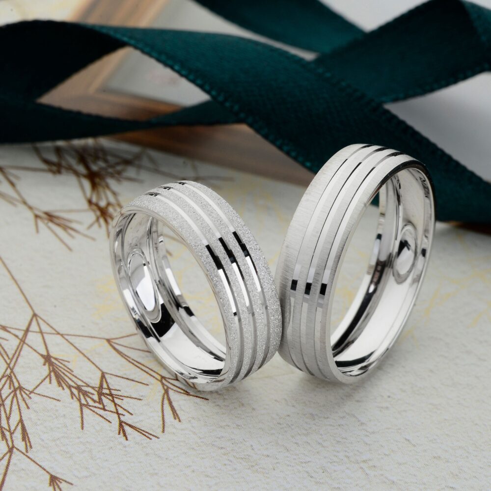 White Gold Wedding Band, Silver Bands Set, Couple Rings, Modern His & Hers, Rings Woman
