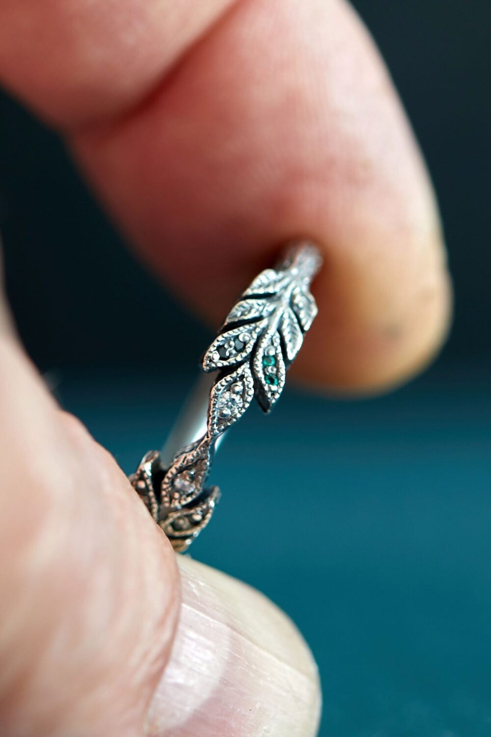 Wedding Diamond & Emerald Sterling Silver Band, Wide Leaf Ring, Nature Ring, Leaf Fairytale Ring