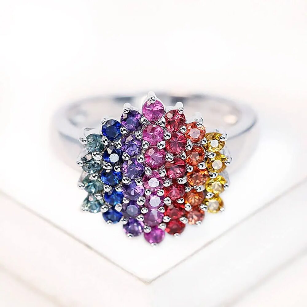 Lgbt Powerful Ring, Unusual Wedding Large Statement Sterling Silver Band, Rainbow Sapphire Pride Ring