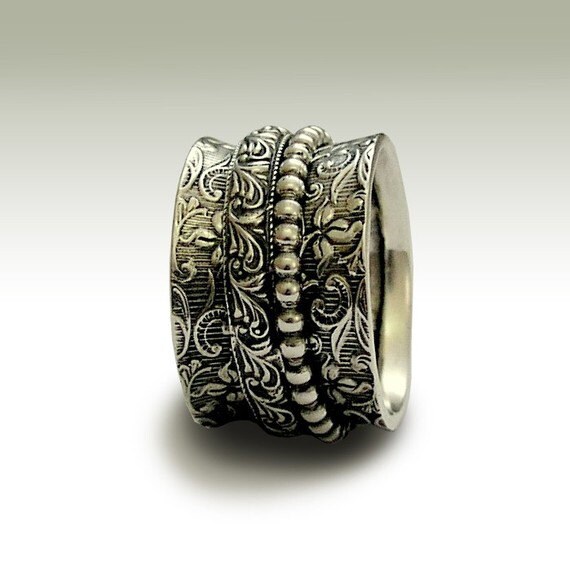 Wedding Silver Band, Sterling Ring, Spinning Spinner Worry Unisex Wedding Band - Morning Bird R1209E