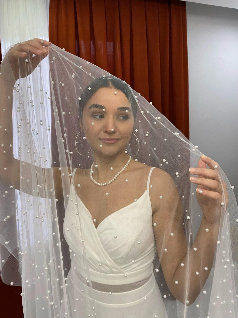 Soft Beaded Pearl Veil, Wedding Veil, Long Wedding Scattered Veil