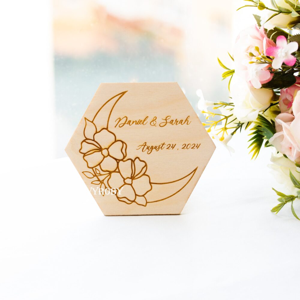 Celestial Wedding Favor Coasters, Moon & Stars Personalized Wooden Boho Reception Table Décor