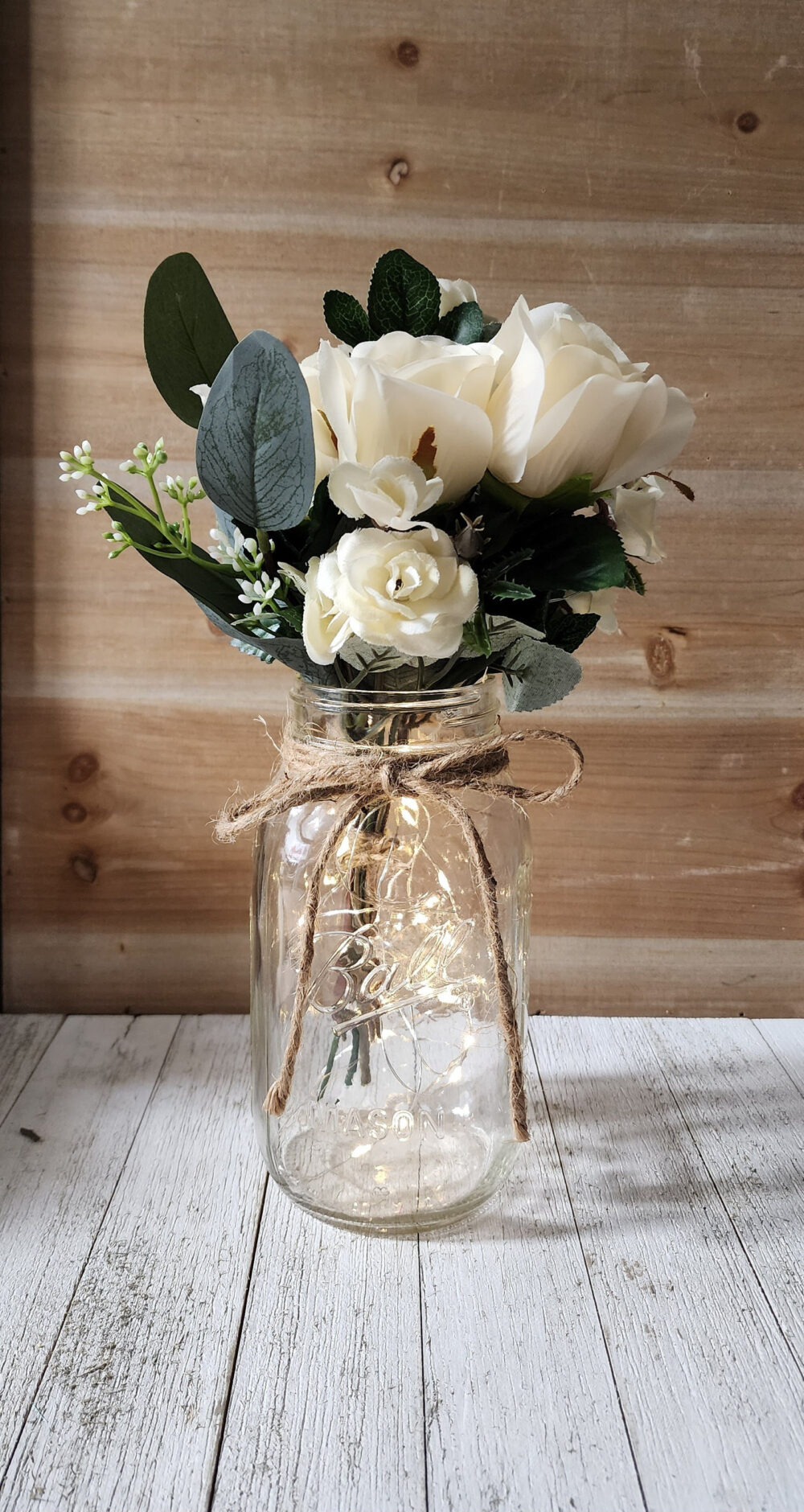 Ivory Rose Lighted Mason Jar Centerpiece, Wedding Event Decor, Farmhouse Wedding, Shower Decorations