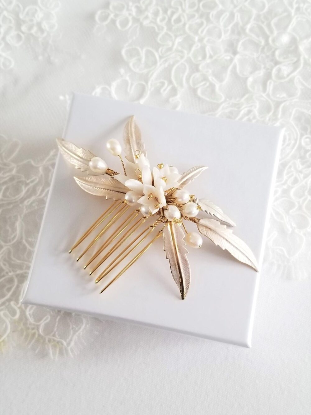 Wedding Hair Comb With Clay Flowers, Pearl Floral Bridal Comb, Gold Flower Boho