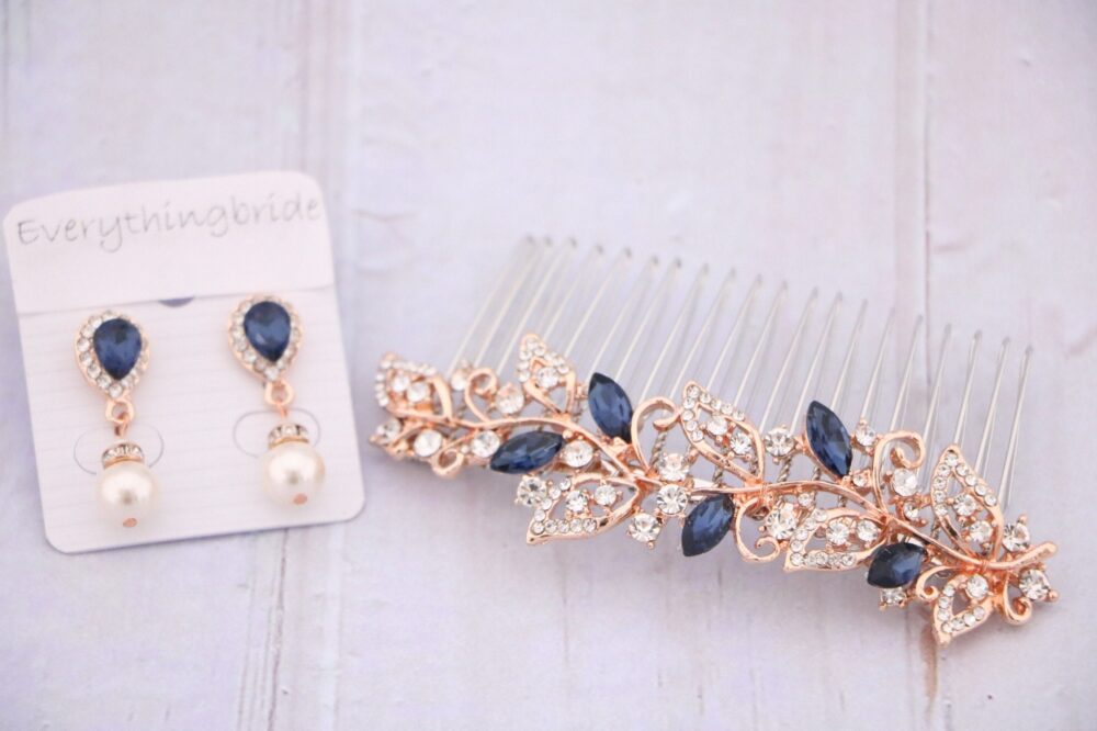 Rose Gold Wedding Hair Comb Navy Blue Pearl Drop Earrings Accessories For Bun Bridal Blue Jewelry Headpiece
