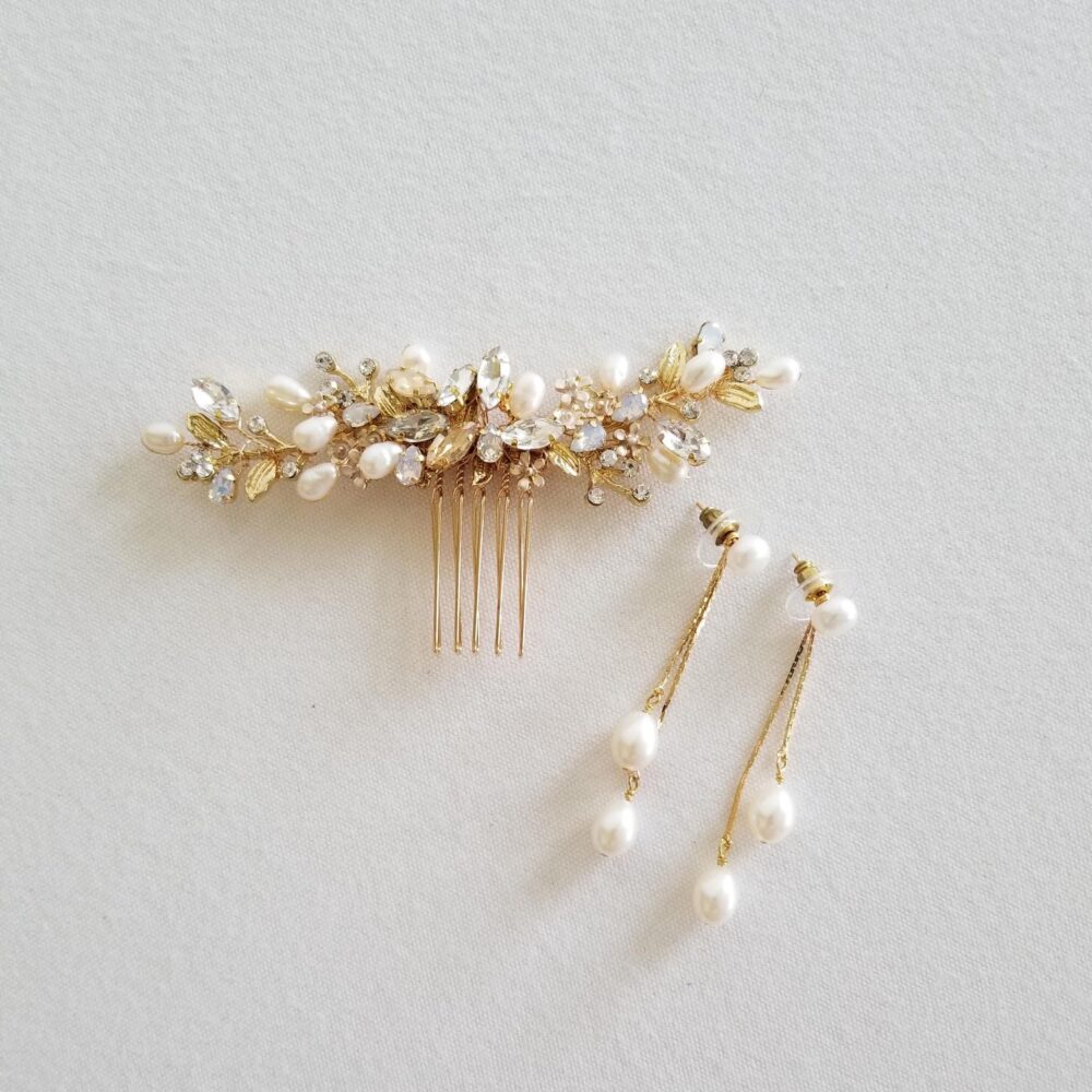 Gold Wedding Hair Comb, White Opal Comb & Earring Set, Bridal Accessory