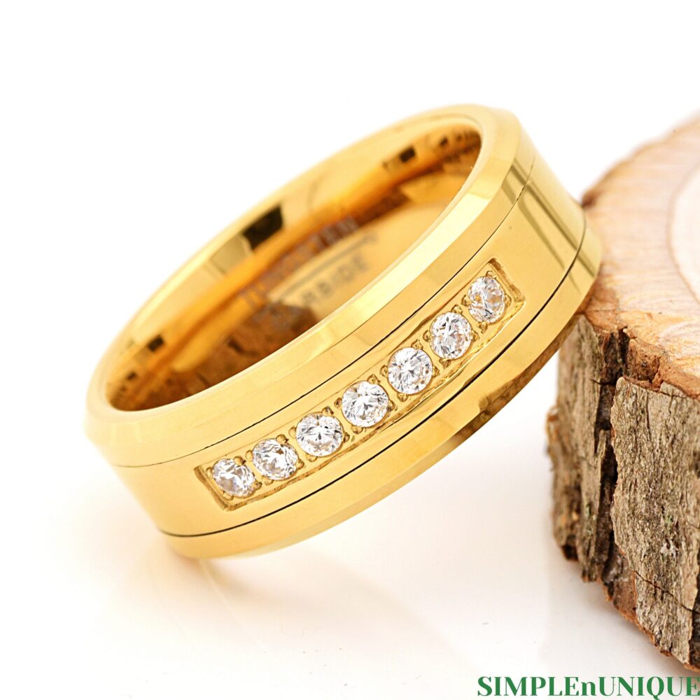 Men's Cz Wedding Band Gold, Tungsten Prong Set 7 Cubic Zirconia Centered Engagement Ring, Promise Ring