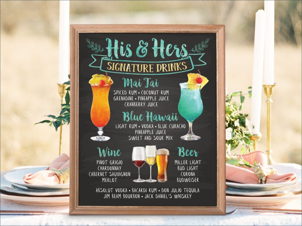 Digital Printable Wedding Bar Menu Sign, His & Hers Signature Drinks Cocktails Signs, Watercolor Beach Christmas New Year Chalkboard Idm13
