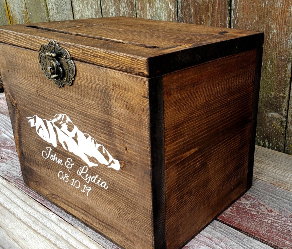 Wedding Card Box - With Slot & Lock Option- Engraved Wood Personalized Front Holds Cards Rustic