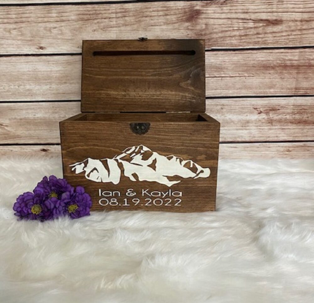 Wedding Card Box - With Slit & Lock Option- Engraved Wood Personalized Front Holds Cards Rustic