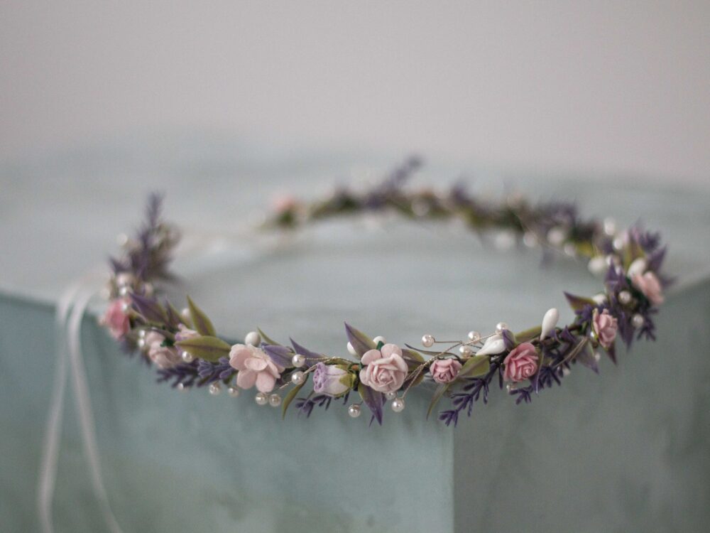 Lavender Flower Crown Wedding, Pink Purple Bridal Crown, Lavender Wedding Headband, Dainty Bridesmaid Girl Headband