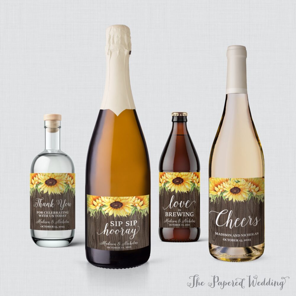 Printed Sunflower Wedding Wine Bottle Labels - Rustic & Wood Wine, Champagne, Liquor, Beer Favor 0019-B