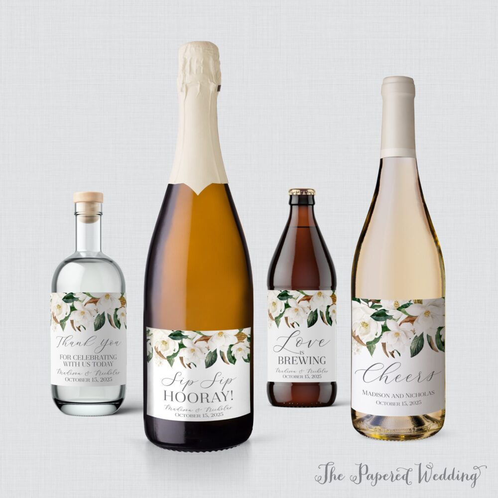 Printed Magnolia Wedding Wine Bottle Labels - Flower & Leaves Wine, Champagne, Liquor, Or Beer Favor Labels, White 0031