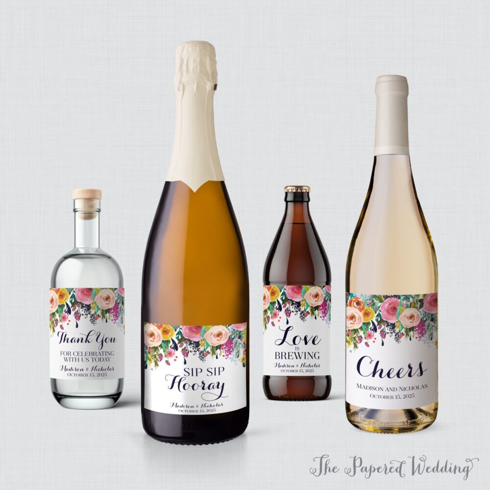 Printed Colorful Flower Wedding Wine Bottle Labels - Pink, Yellow, Orange Floral Wine, Champagne, Liquor, Beer Favor 0003-B