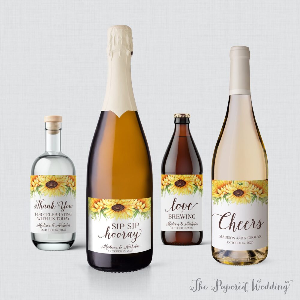 Printed Sunflower Wedding Wine Bottle Labels - Yellow Wine, Champagne, Liquor, Or Beer Favor Summer Fall 0019-A