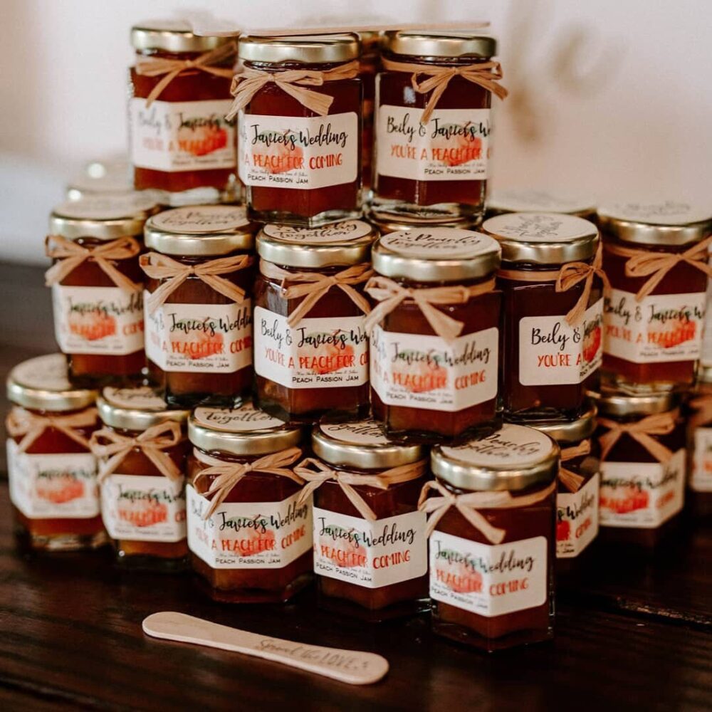 145 | 2Oz Rustic Wedding Favors, Micro Favor, Personalized Edible Mini Jam Jar Georgia Peach, Spread The Love
